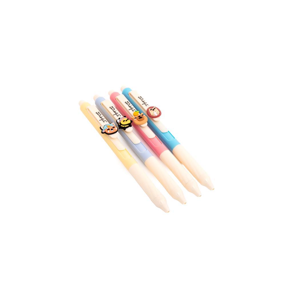 Set de 4 Esferográficas Apagáveis – Panda Vermelho, Abelha, Capivara e Ouriço