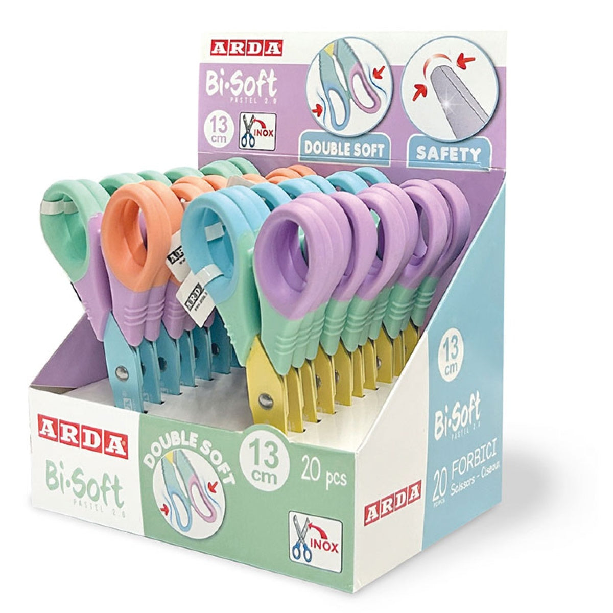 Tesoura Escolar Arda Bi-Soft Pastel 13 cm | Ponta Redonda Bicolor Sortida