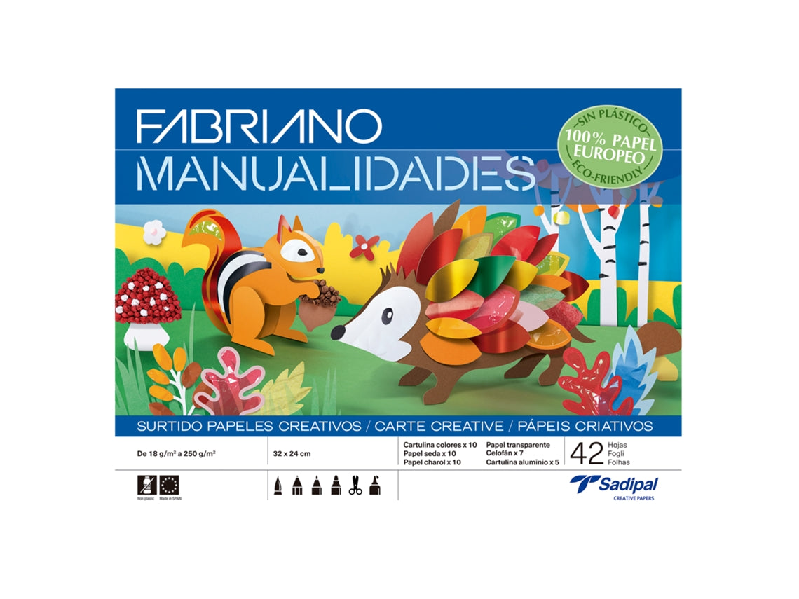 Caderno Trabalhos Manuais Fabriano A4 | Papéis Sortidos 42 Folhas