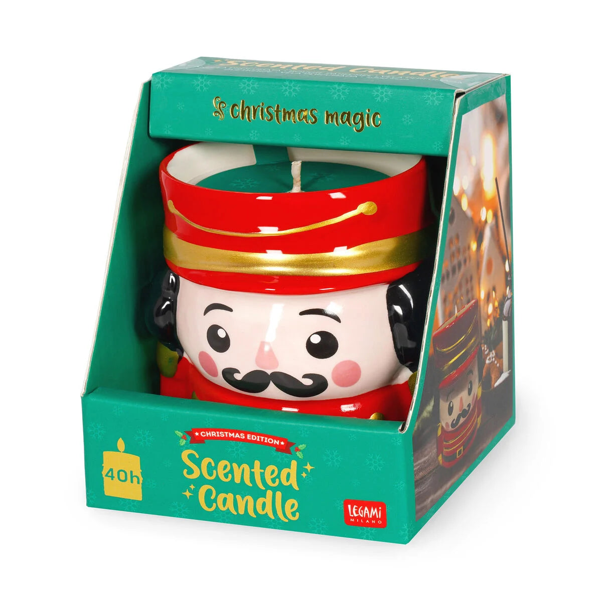 Vela perfumada Legami Nutcracker na embalagem verde Christmas Edition com ilustração do Quebra-Nozes.