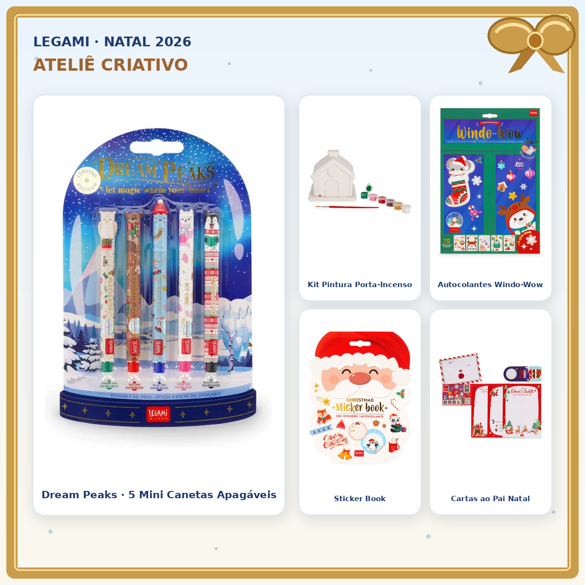 Pack Legami Ateliê Criativo com conjunto Dream Peaks de 5 mini canetas apagáveis e 4 artigos Legami de Natal; montagem de produtos originais com laço dourado