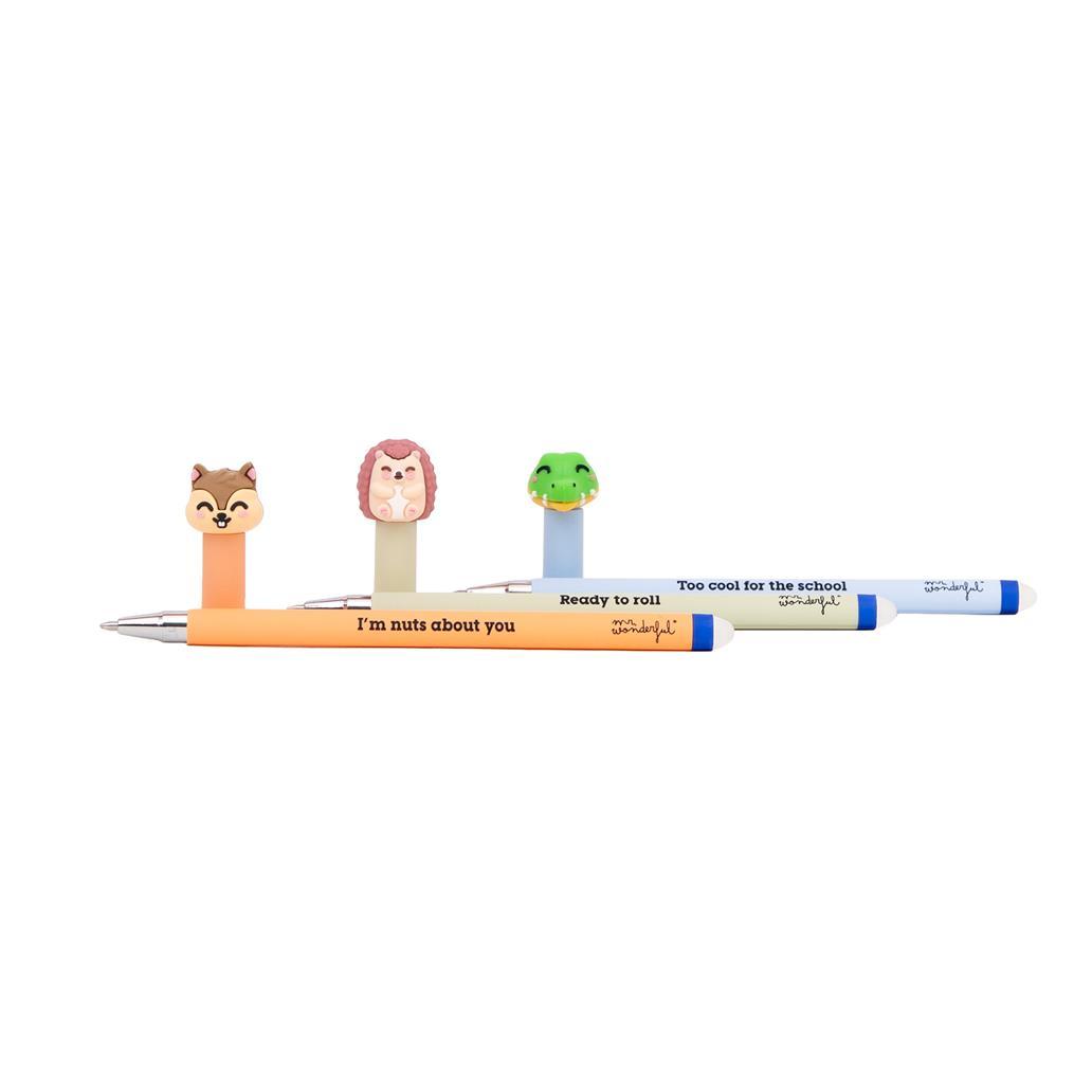 Set de 3 Esferográficas Apagáveis BO-BO – Esquilo, Ouriço e Crocodilo