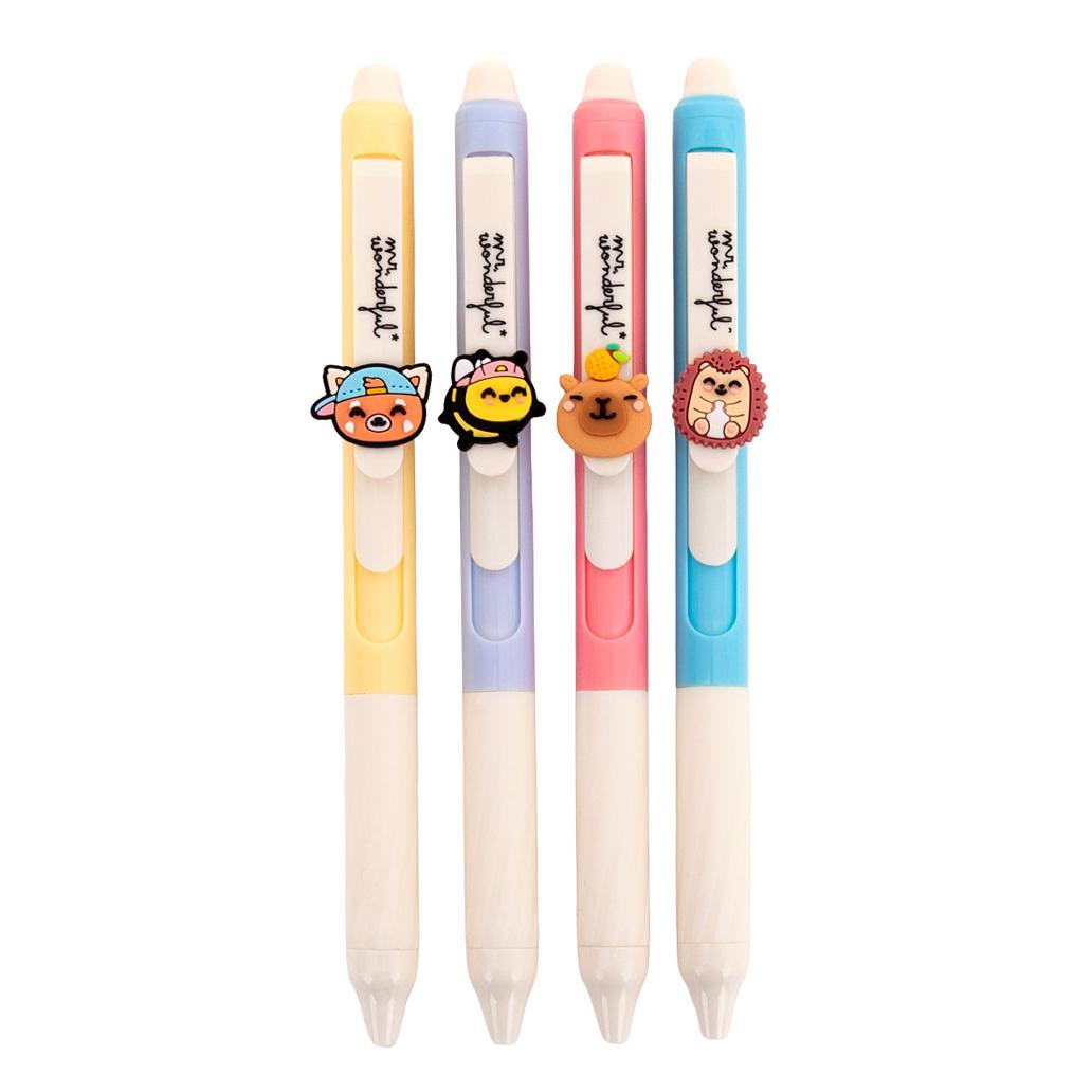 Set de 4 Esferográficas Apagáveis – Panda Vermelho, Abelha, Capivara e Ouriço