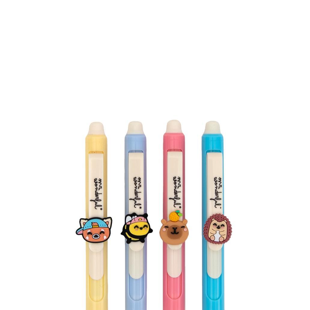 Set de 4 Esferográficas Apagáveis – Panda Vermelho, Abelha, Capivara e Ouriço