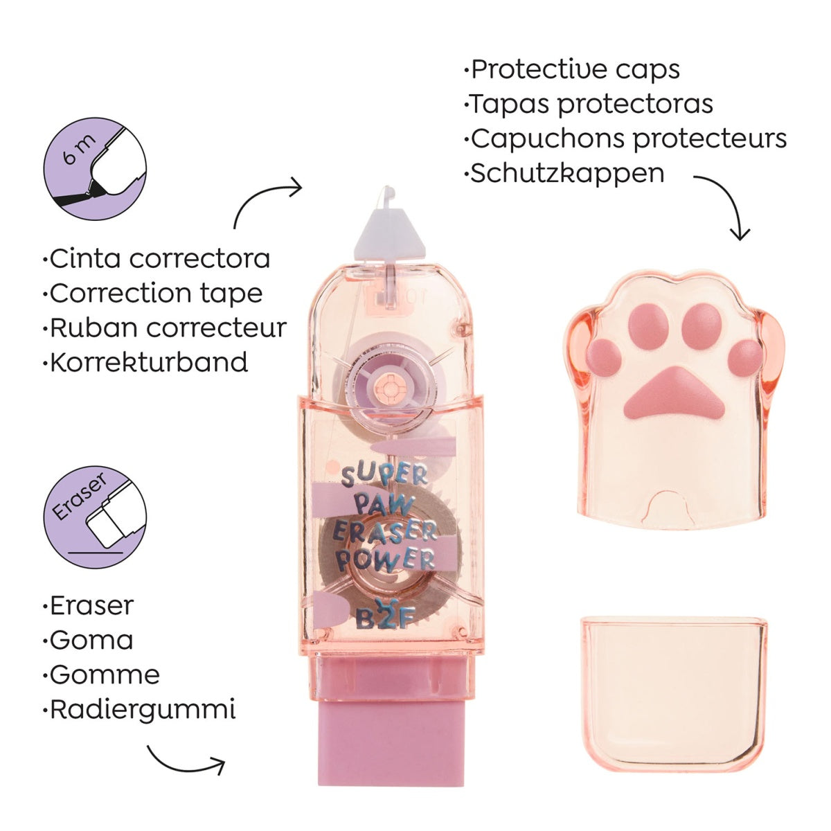 Corretor de Fita com Borracha Patita Rosa BACK2FUN