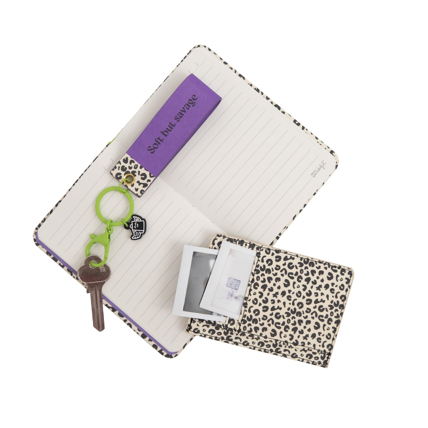 Conjunto de caderno A6 + porta-moedas + porta-chaves - Animal print com bolinhas