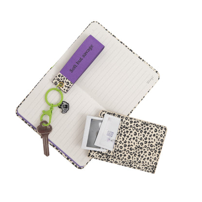 Conjunto de caderno A6 + porta-moedas + porta-chaves - Animal print com bolinhas