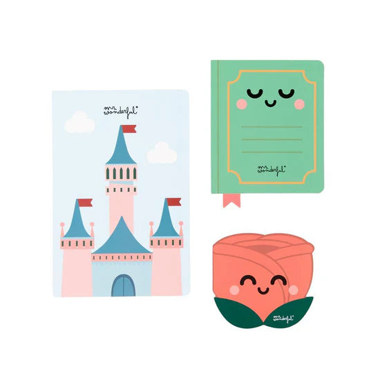 Conjunto de 3 Cadernos / Blocos de Notas Mr. Wonderful – Castelo, Livro e Rosa