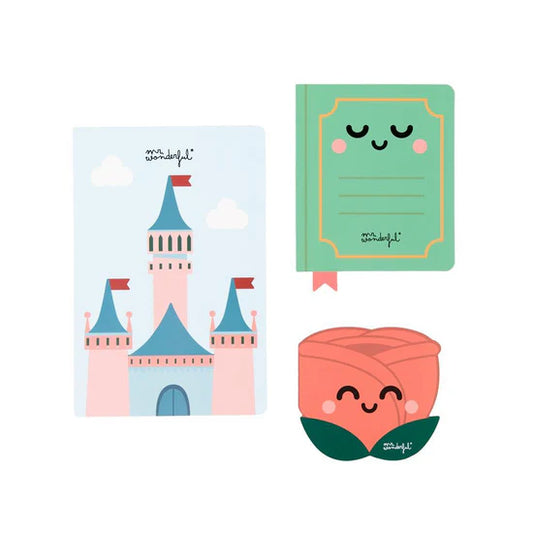 Conjunto de 3 Cadernos / Blocos de Notas Mr. Wonderful – Castelo, Livro e Rosa