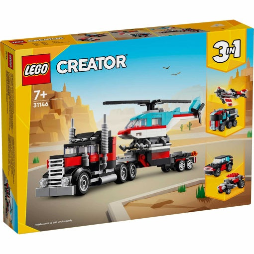 LEGO Creator 3 em 1 31146 Camião de Plataforma com Helicóptero – embalagem do conjunto de 270 peças