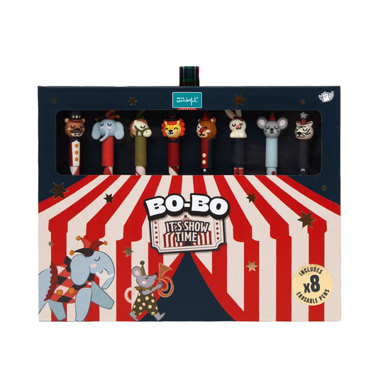 Caixa do conjunto Mr. Wonderful Bo-Bo Circus It's Show Time com oito canetas apagáveis, vista frontal
