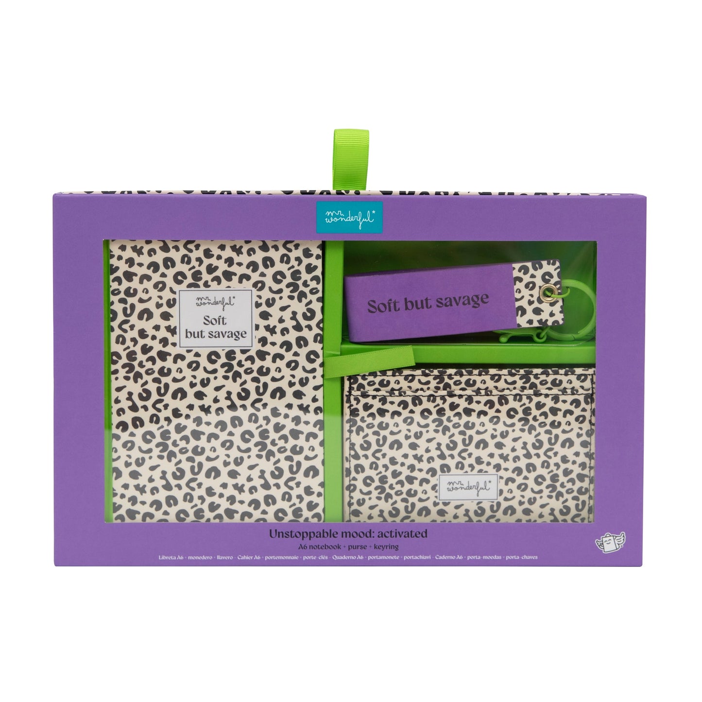 Conjunto de caderno A6 + porta-moedas + porta-chaves - Animal print com bolinhas
