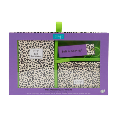 Conjunto de caderno A6 + porta-moedas + porta-chaves - Animal print com bolinhas