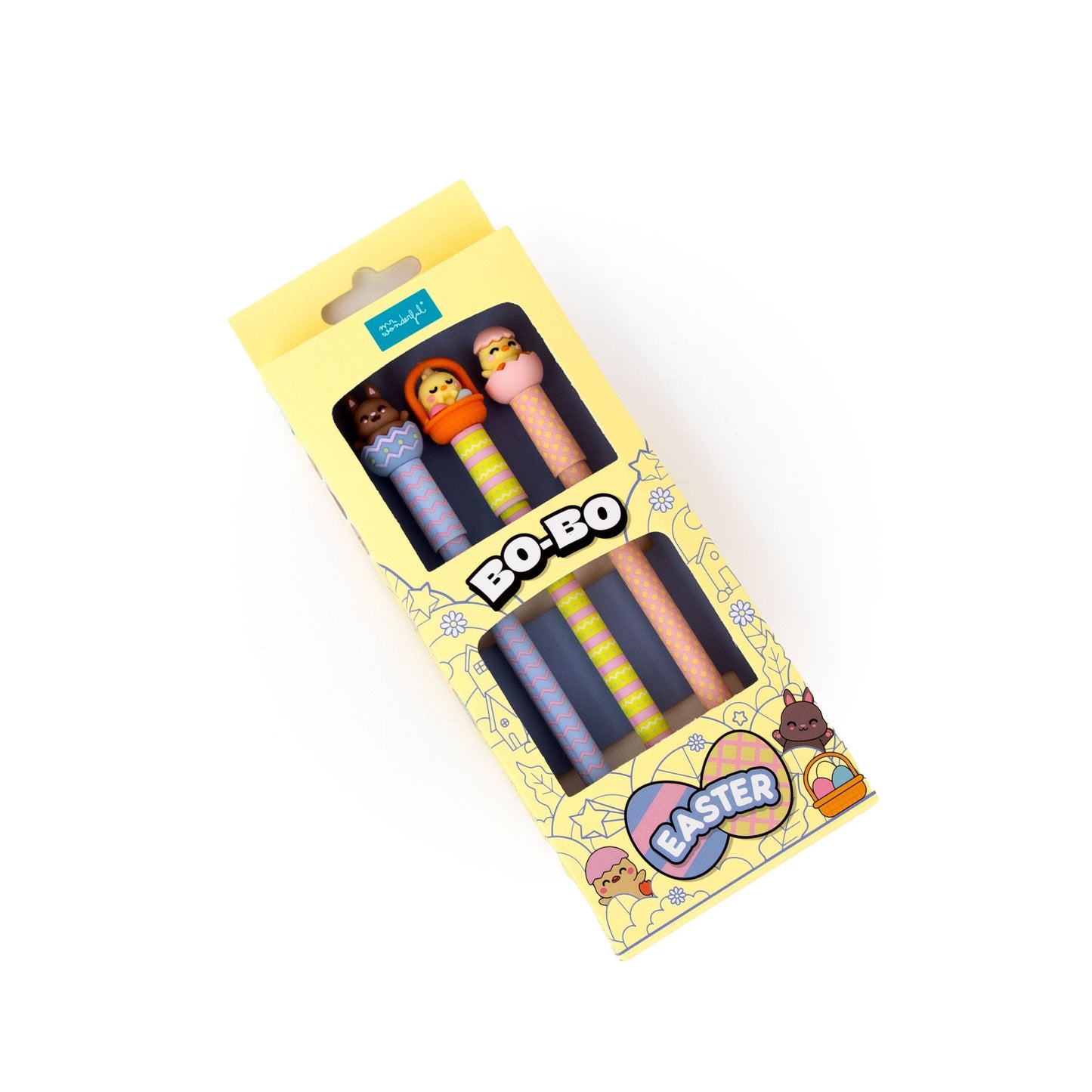 Conjunto de 3 canetas apagáveis Bo-Bo – Coelhinho, Pintinho de Páscoa e Pintinho no casco