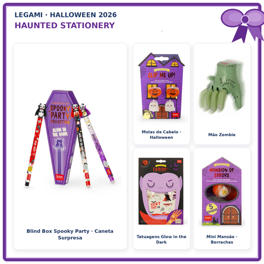 Pack Halloween Legami Haunted Stationery – montagem de todos os artigos com canetas em destaque