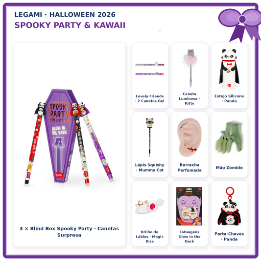 Pack Halloween Legami Spooky Party & Kawaii – montagem de todos os artigos com canetas em destaque