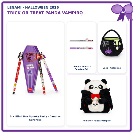 Pack Halloween Legami Trick or Treat Panda Vampiro – montagem de todos os artigos com canetas em destaque