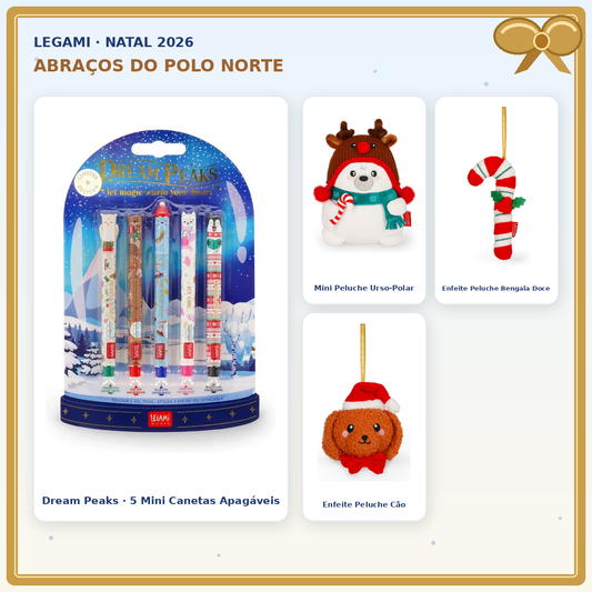 Pack Abraços do Polo Norte Legami com Dream Peaks 5 mini canetas, mini peluche urso-polar e enfeites peluche Bengala Doce e cão.