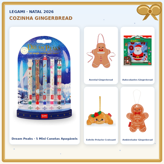 Pack Legami Cozinha Gingerbread com conjunto Dream Peaks de 5 mini canetas apagáveis e 4 artigos Legami de Natal; montagem de produtos originais com laço dourado