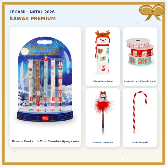 Pack Kawaii Premium Legami com Dream Peaks 5 mini canetas, estojo urso-polar, 3 fitas Gingerbread House, caneta luminosa e lápis.