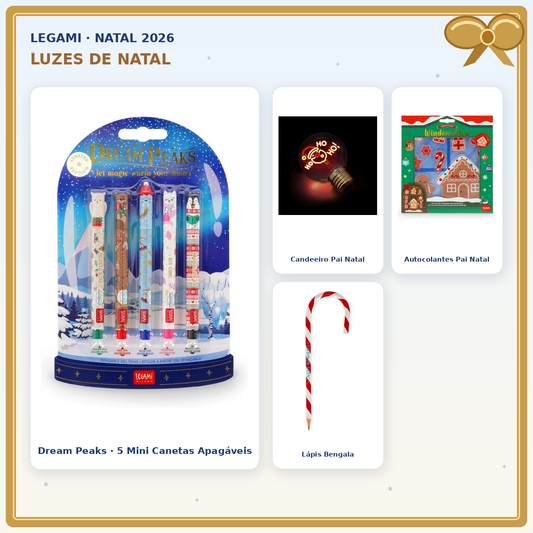 Pack Luzes de Natal Legami com Dream Peaks 5 mini canetas apagáveis, candeeiro Pai Natal, autocolantes Window-Glow e lápis bengala.