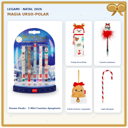 Pack Legami Magia Urso-Polar com conjunto Dream Peaks de 5 mini canetas apagáveis e 4 artigos Legami de Natal; montagem de produtos originais com laço dourado