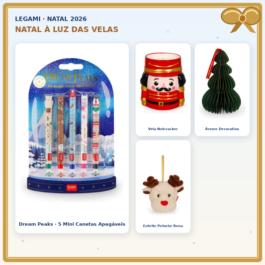 Pack Legami Natal à Luz das Velas com Dream Peaks, vela Nutcracker CDL0020, árvore em papel e enfeite rena; fotografia original dos artigos e laço decorativo