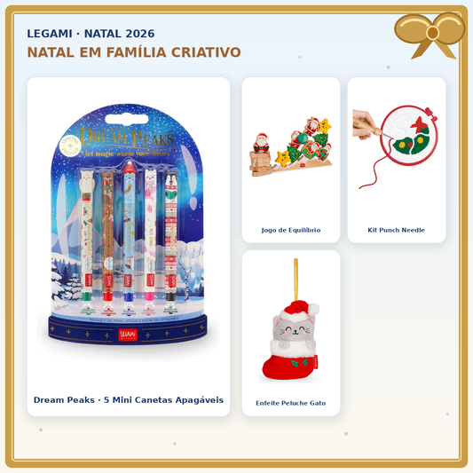 Pack Legami Natal em Família Criativo com conjunto Dream Peaks de 5 mini canetas apagáveis e 3 artigos Legami de Natal; montagem de produtos originais com laço dourado