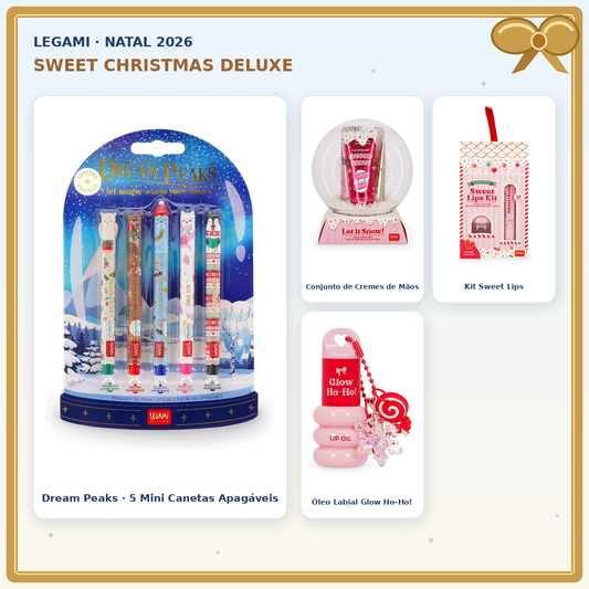 Pack Legami Sweet Christmas Deluxe com conjunto Dream Peaks de 5 mini canetas apagáveis e 3 artigos Legami de Natal; montagem de produtos originais com laço dourado