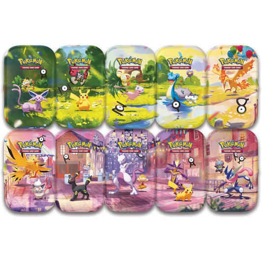 Os dez desenhos das Mini Tins Pokémon TCG 30th Celebration, modelos ilustrativos de uma unidade vendida aleatoriamente